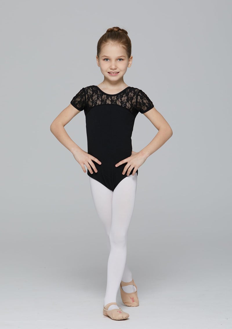 MdnMd Kids Children Girls' Black Lace Leotard for Dance Ballet Gymnastic Bodysuit (Black, Age 6-8) - Image 2